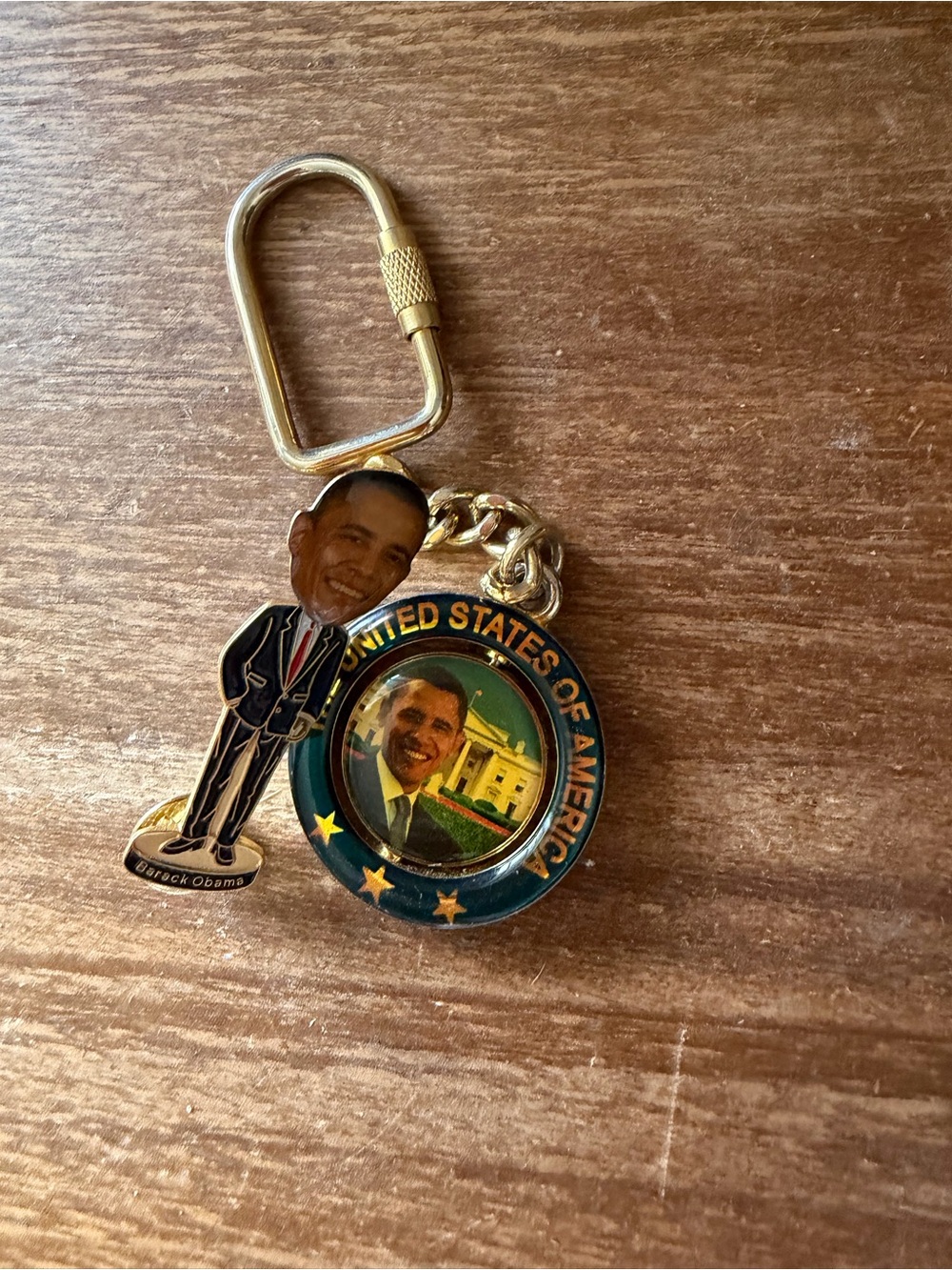 Gold Tone Patriotic Obama Keychain with Photo Charm - bobble head pin too